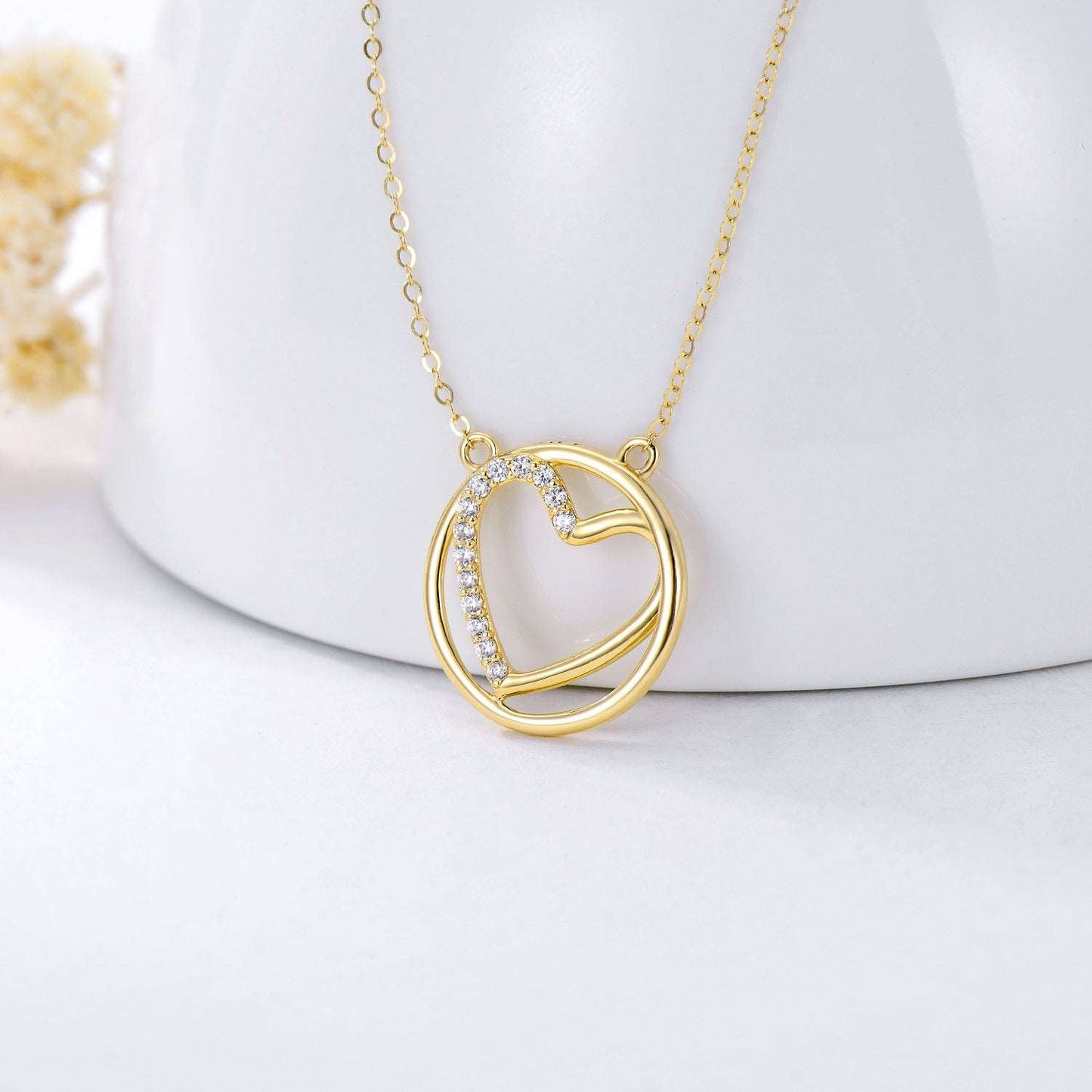 14K Gold Heart Necklace with 5A Cubic Zirconia