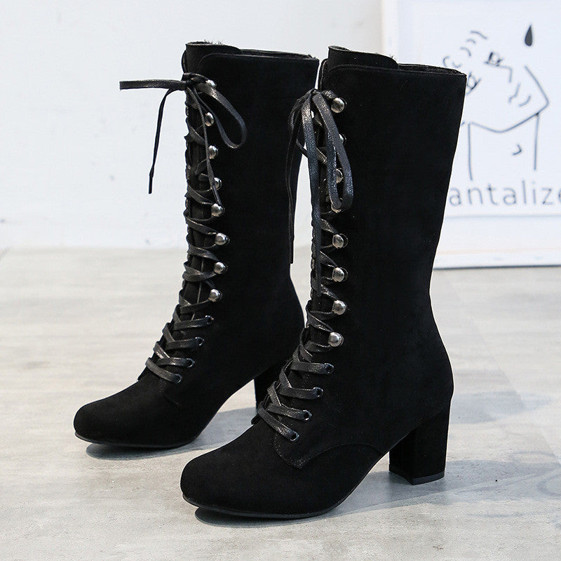 High-tube Suede Thick Heel Lace-up Women's Shoes