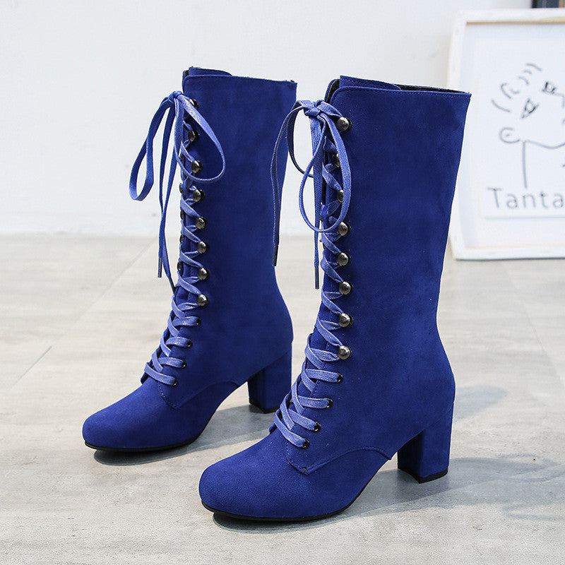 High-tube Suede Thick Heel Lace-up Women's Shoes