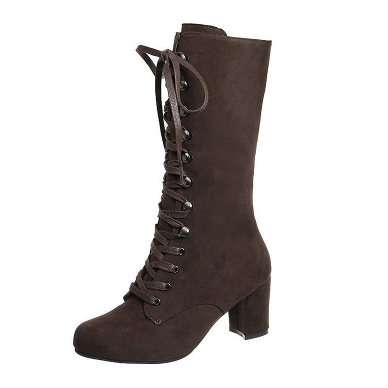 High-tube Suede Thick Heel Lace-up Women's Shoes