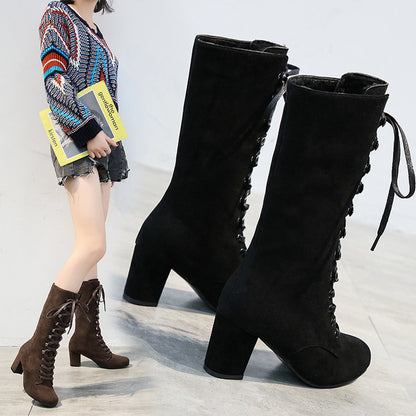 High-tube Suede Thick Heel Lace-up Women's Shoes