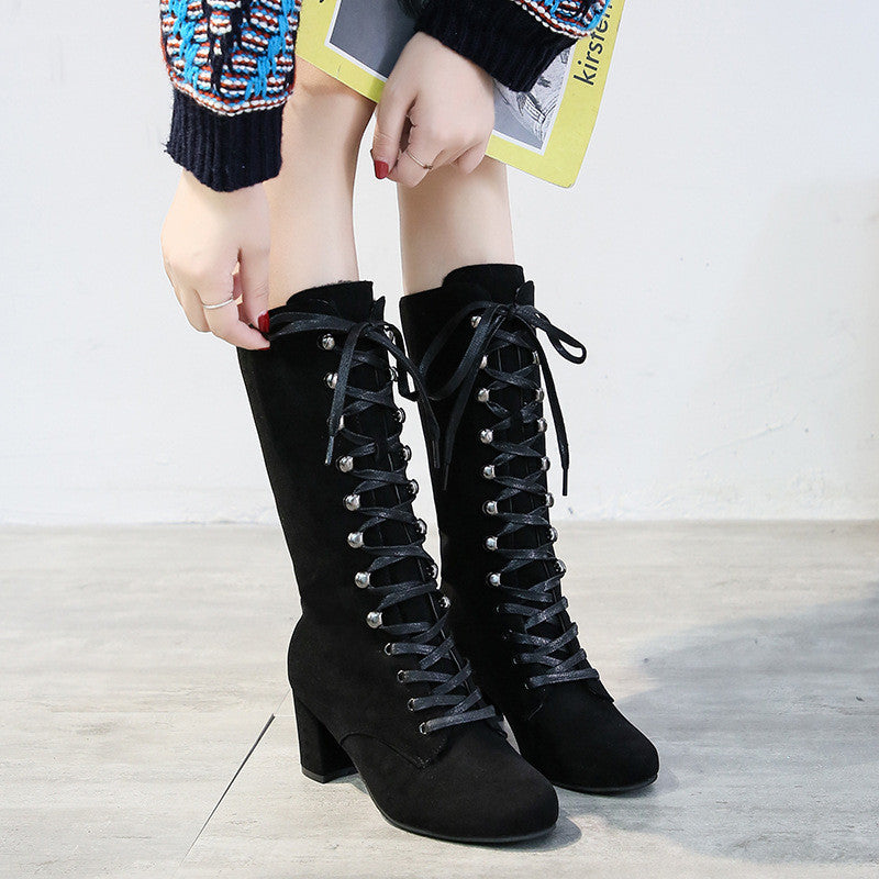 High-tube Suede Thick Heel Lace-up Women's Shoes