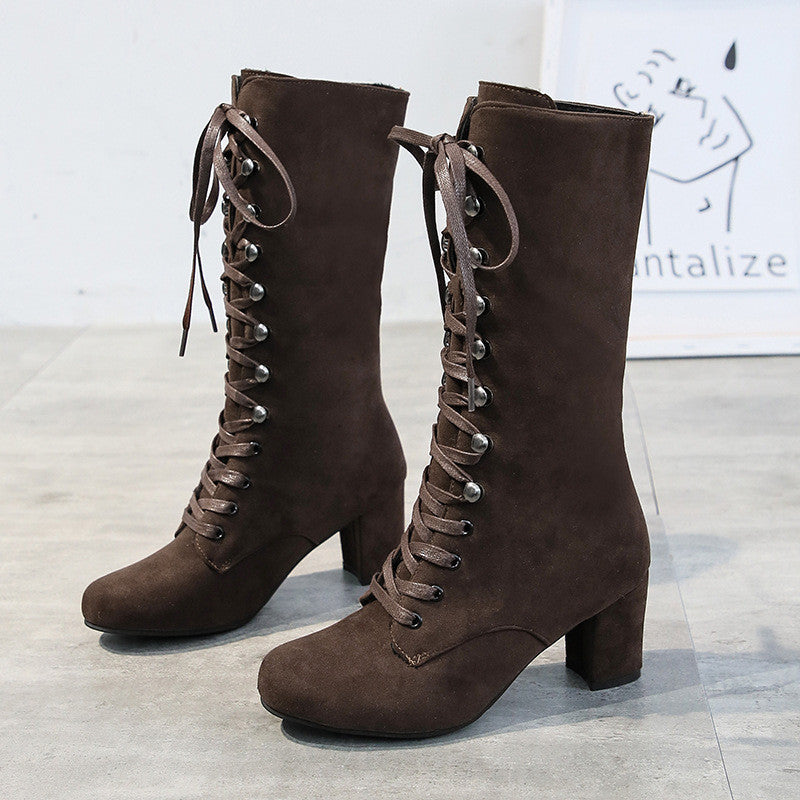 High-tube Suede Thick Heel Lace-up Women's Shoes